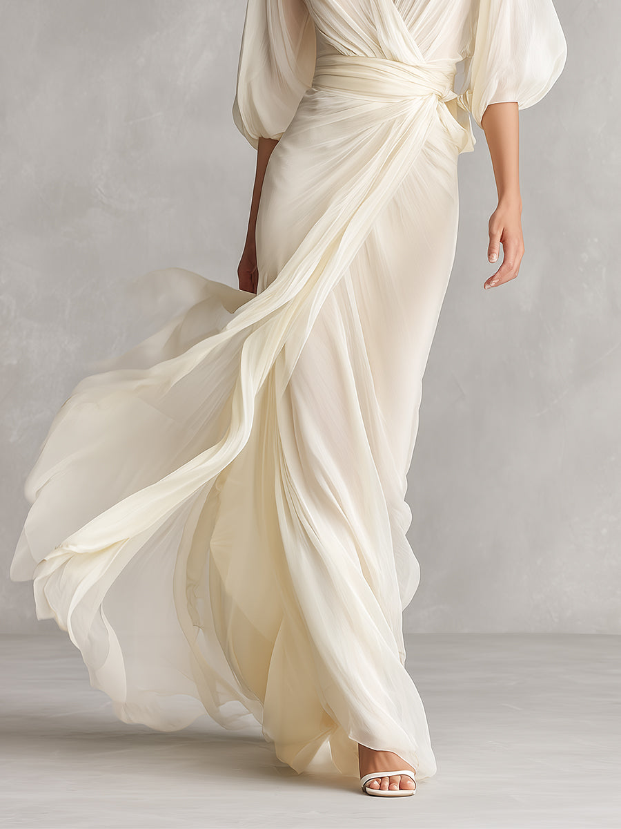 Ivory Sheer Chiffon Wrap Maxi Dress with Voluminous Sleeves
