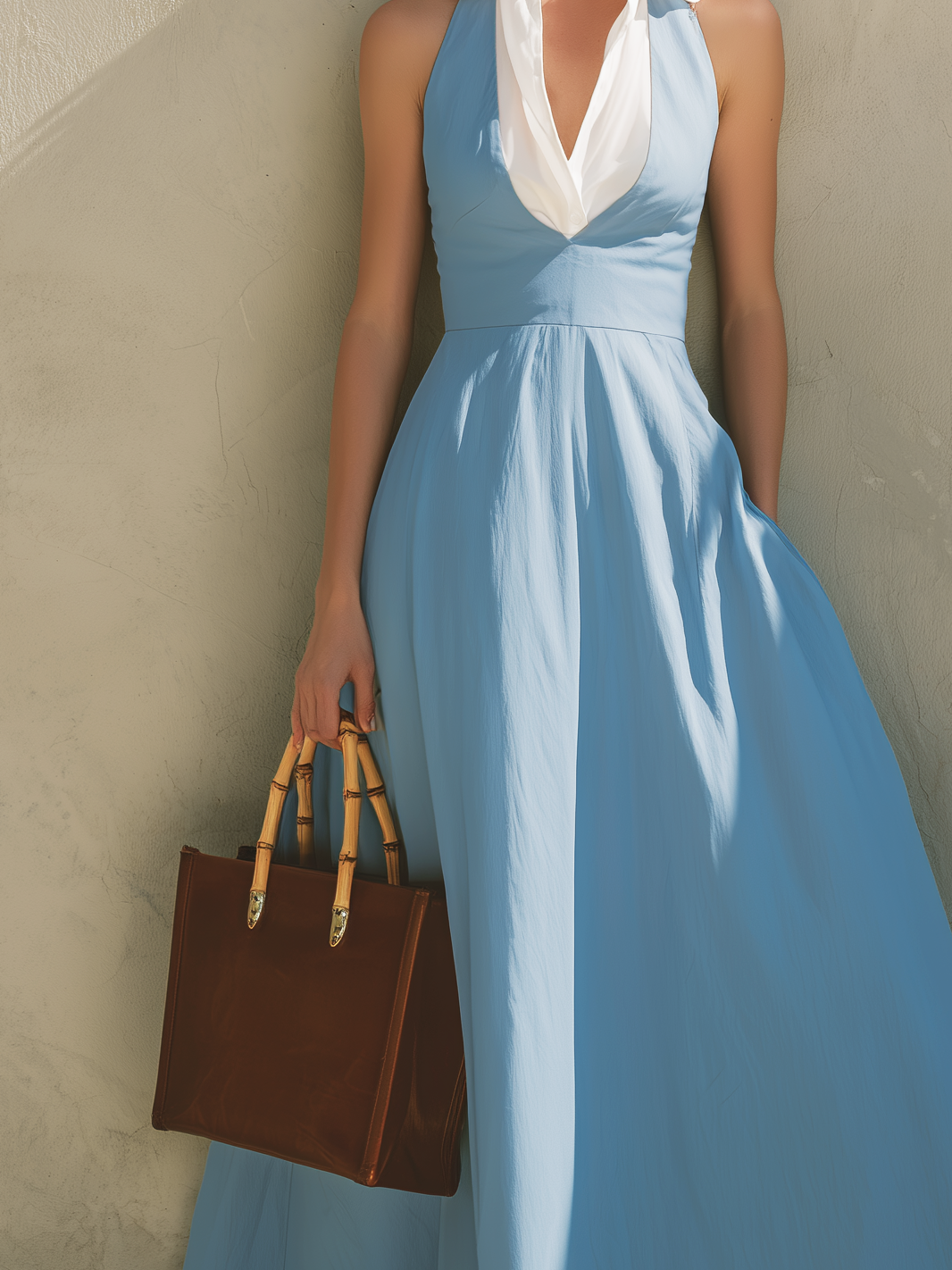 Light Blue Sleeveless Woven Maxi Dress with Collared Neckline