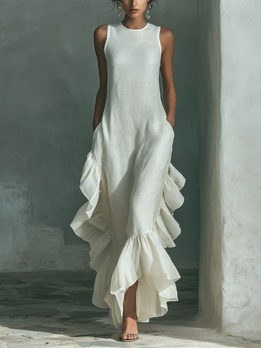 Ivory Sleeveless Linen Maxi Dress with Ruffle Hem