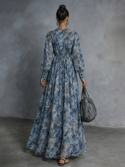 Blue Floral Boho Chiffon Maxi Dress