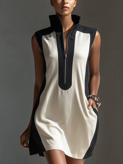 Black & White Two-Tone Half-Zip Mini Dress