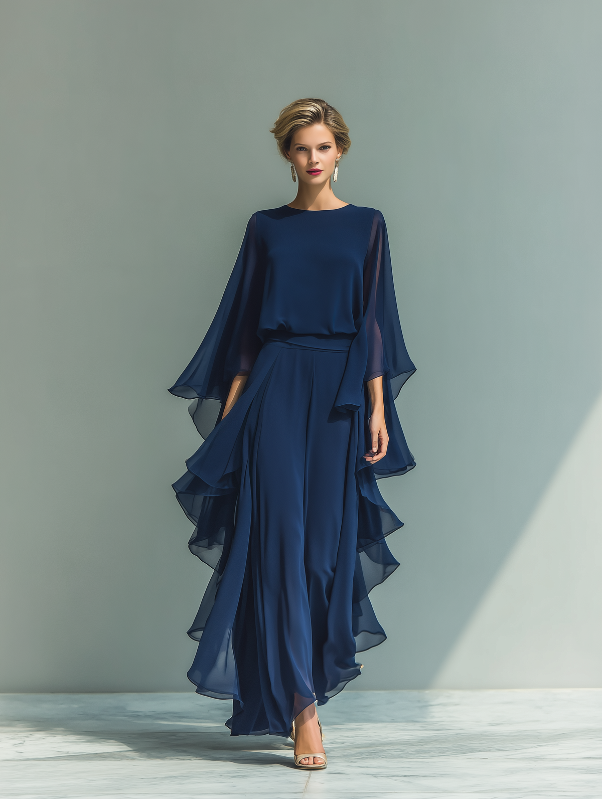 Navy Chiffon Bell-Sleeve Top & Straight-Leg Trouser Set