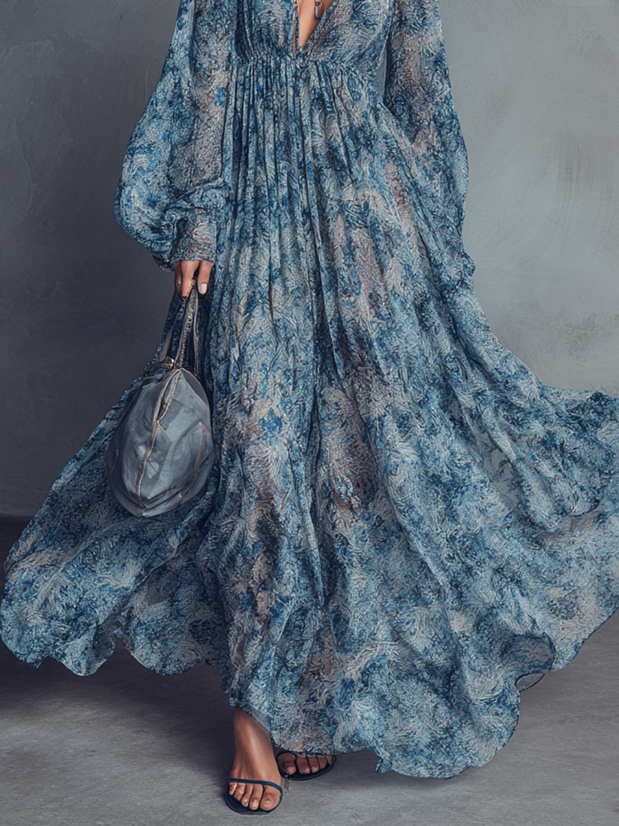 Blue Floral Boho Chiffon Maxi Dress