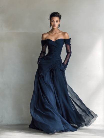 Dark Blue Organza Chiffon Off-Shoulder Maxi Dress