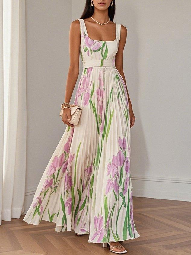 White Floral Pleated Chiffon Square-Neck Maxi Dress