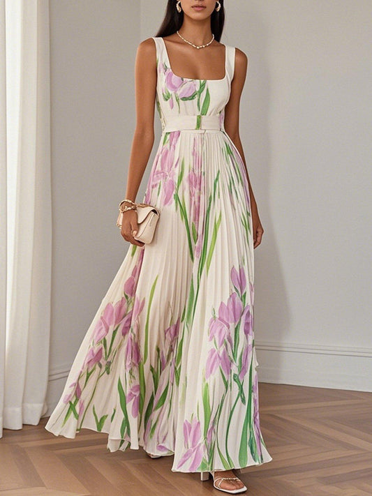 White Floral Pleated Chiffon Square-Neck Maxi Dress