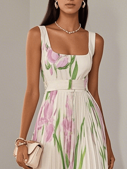 White Floral Pleated Chiffon Square-Neck Maxi Dress