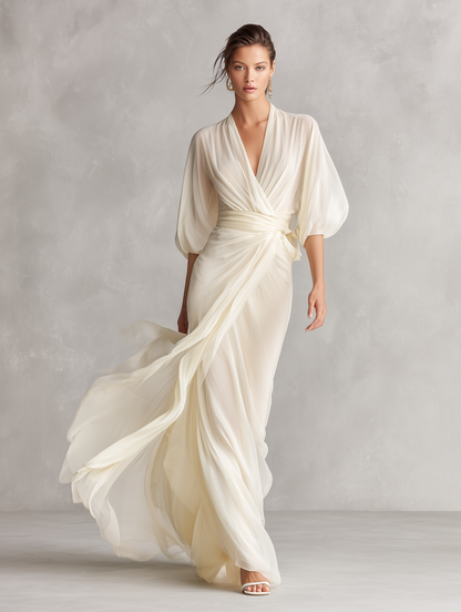 Ivory Sheer Chiffon Wrap Maxi Dress with Voluminous Sleeves
