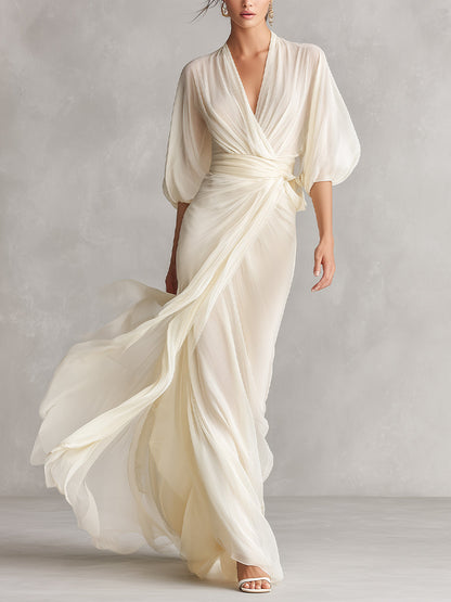 Ivory Sheer Chiffon Wrap Maxi Dress with Voluminous Sleeves