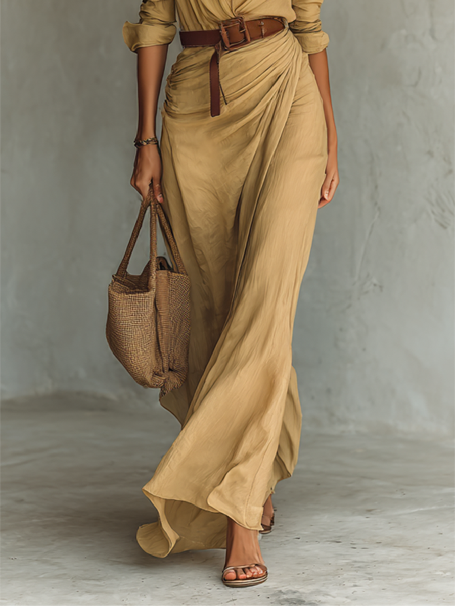 Cotton-Tencel Long-Sleeve Lapel Maxi Dress