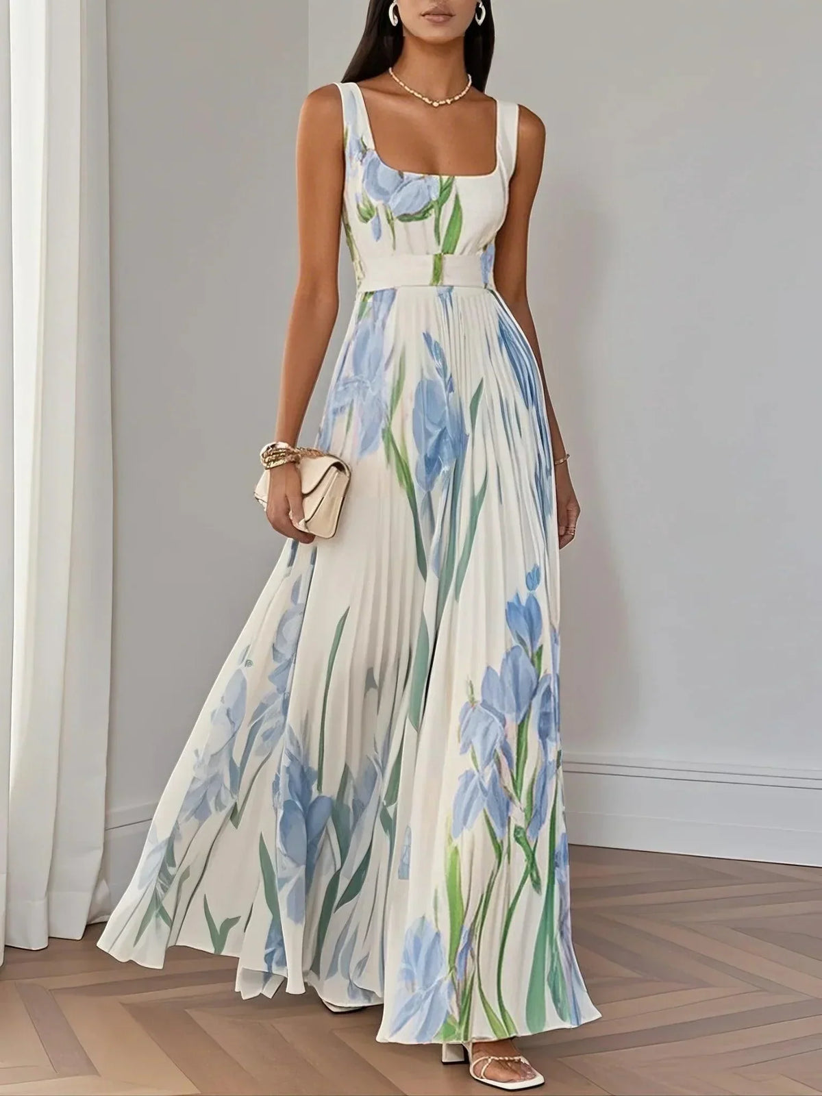 White Floral Pleated Chiffon Square-Neck Maxi Dress