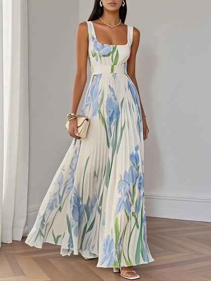 White Floral Pleated Chiffon Square-Neck Maxi Dress