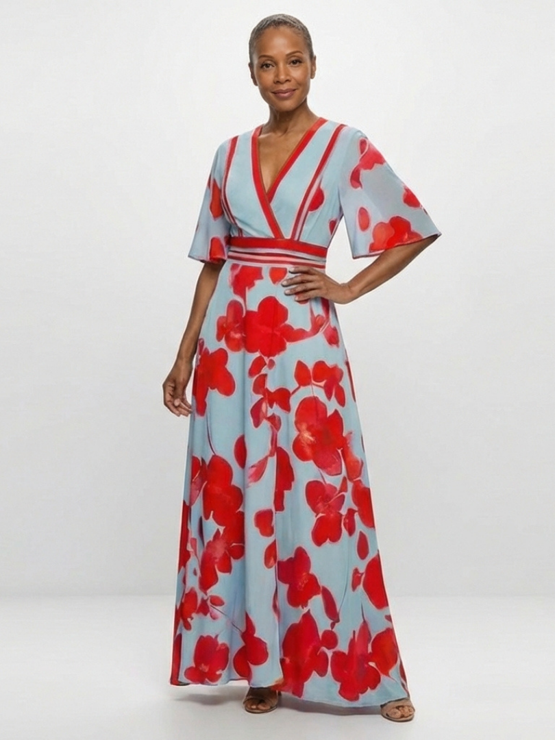 Rosetta – V-Neck Short Sleeve Floral Maxi Dress