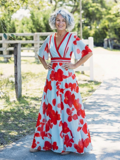 Rosetta – V-Neck Short Sleeve Floral Maxi Dress
