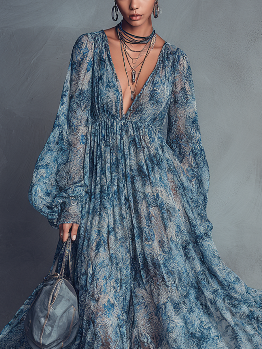 Blue Floral Boho Chiffon Maxi Dress