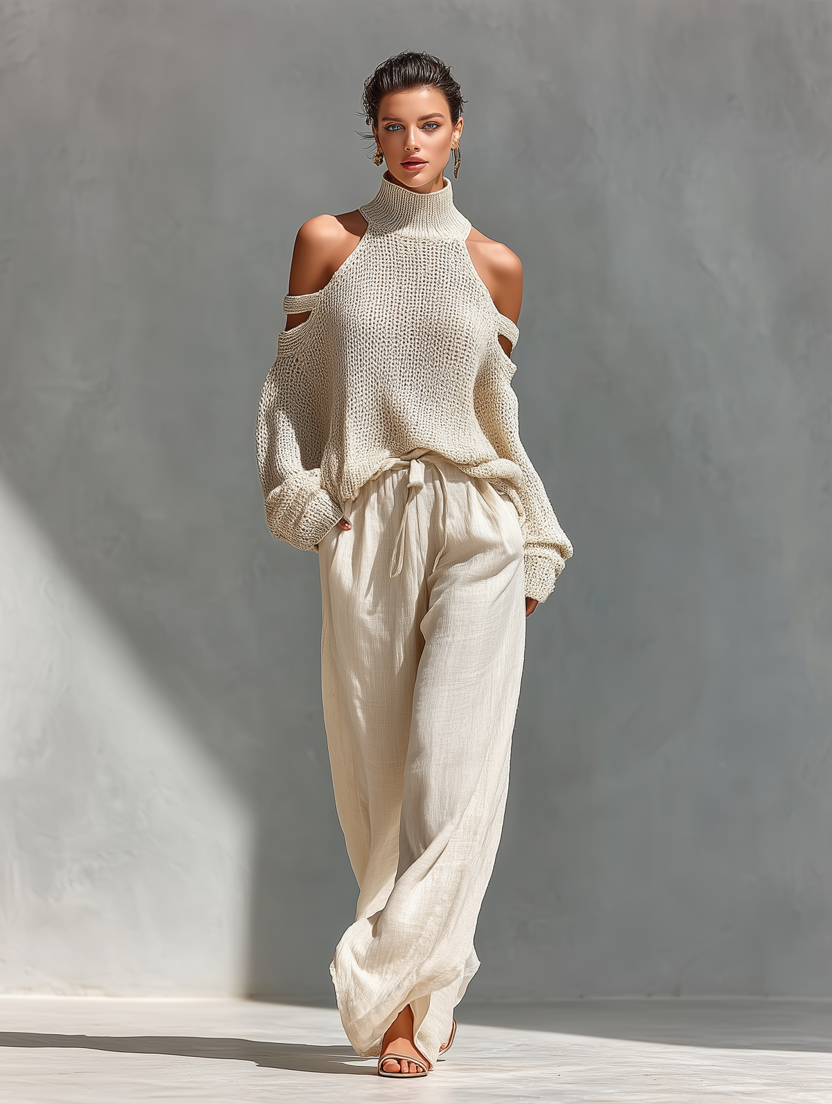 Beige Off-Shoulder Knit Top & Wide-Leg Trouser Set