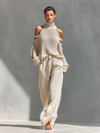 Beige Off-Shoulder Knit Top & Wide-Leg Trouser Set