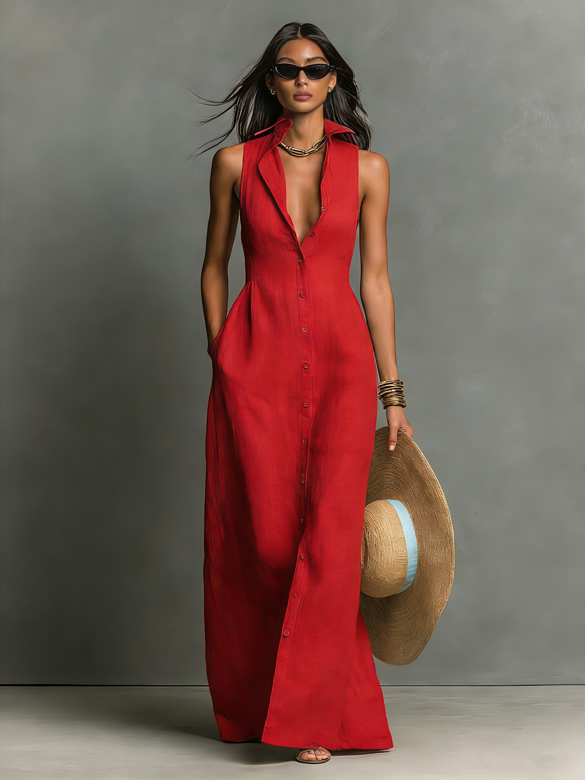 Minimalist Sleeveless Linen Maxi Shirt Dress