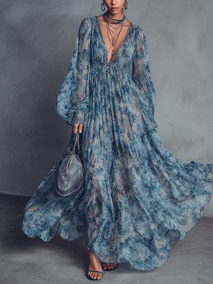 Blue Floral Boho Chiffon Maxi Dress