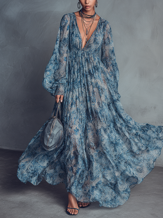 Blue Floral Boho Chiffon Maxi Dress