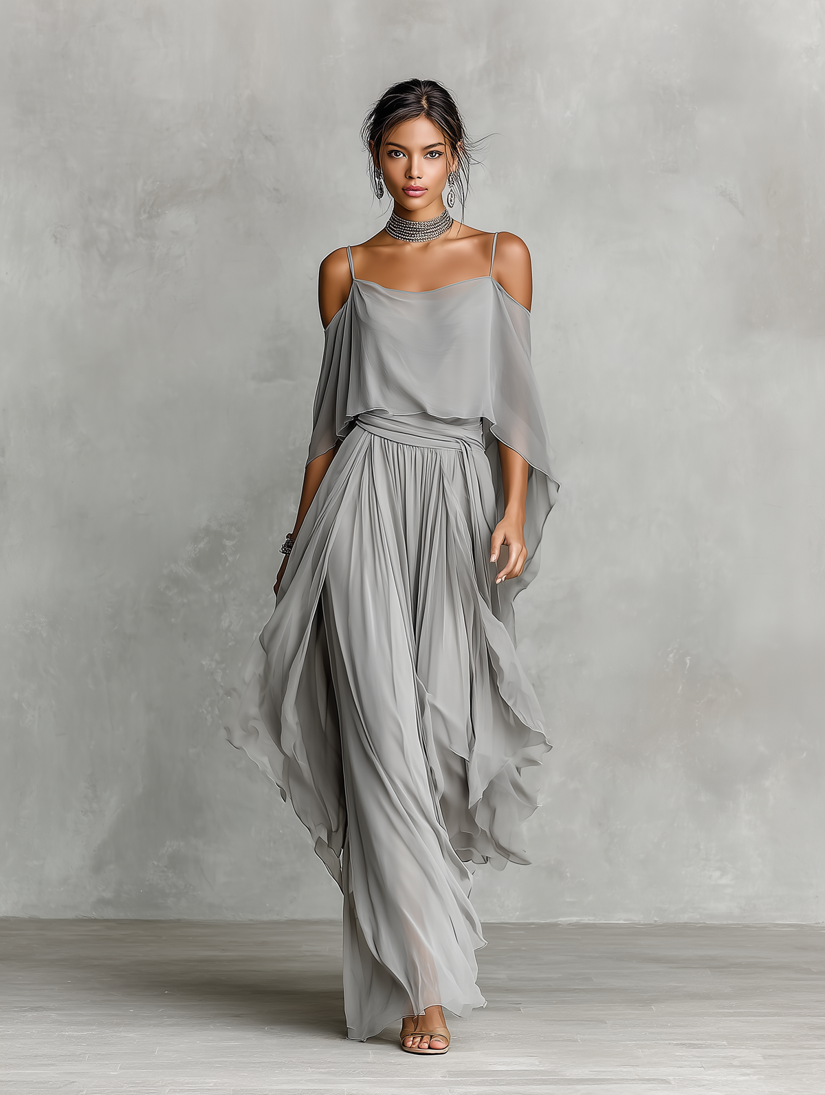 Grey Chiffon Off-Shoulder Flared Set