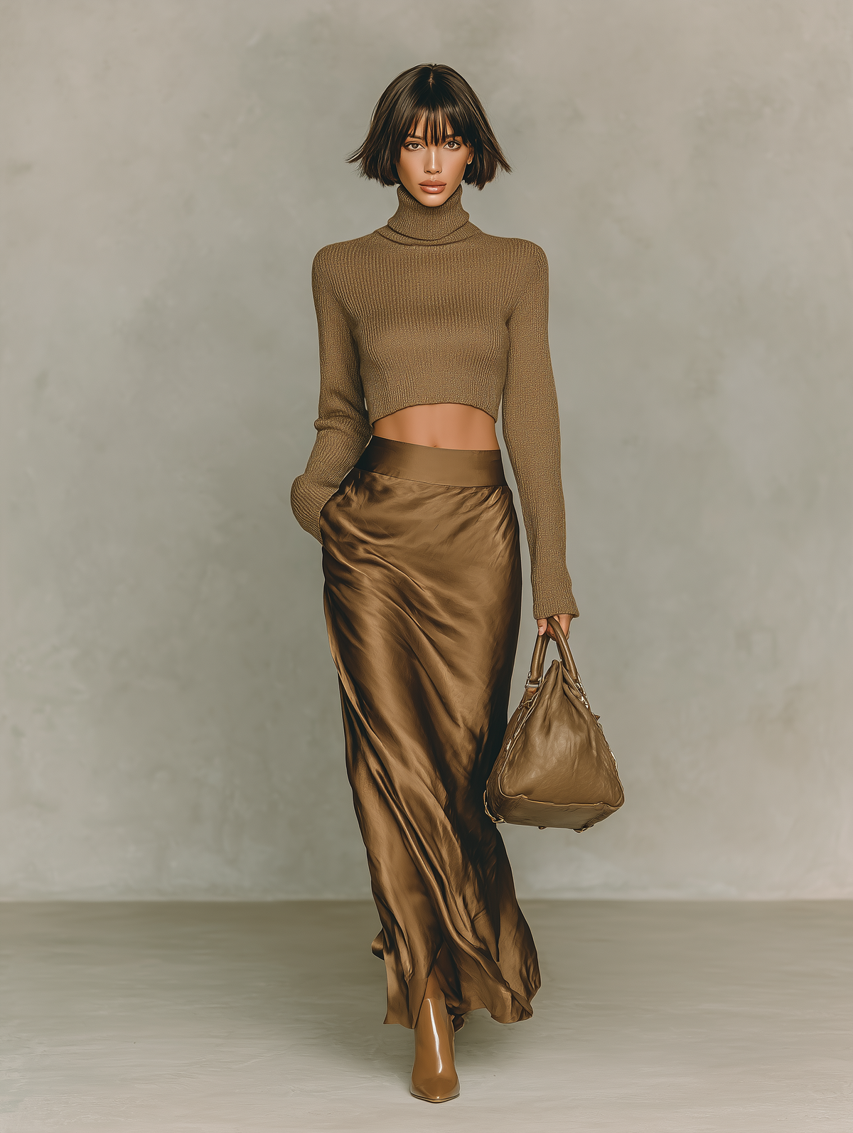Golden Brown Turtleneck & Satin Midi Skirt Set