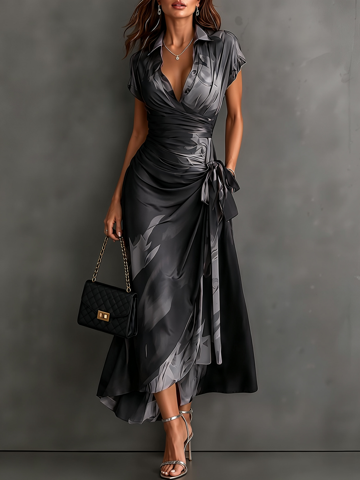 Red Black Abstract Print Wrap Midi Dress Collared V Neck Short Sleeve Tie Waist Ruffled High‑Low Hem Dress.