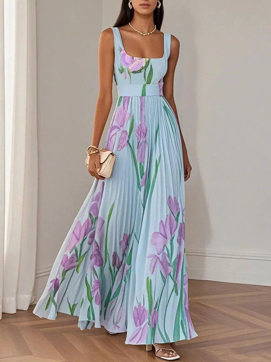 White Floral Pleated Chiffon Square-Neck Maxi Dress