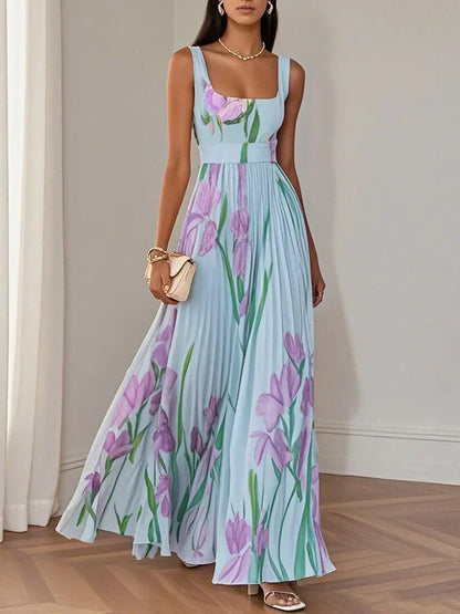 White Floral Pleated Chiffon Square-Neck Maxi Dress