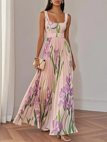 White Floral Pleated Chiffon Square-Neck Maxi Dress