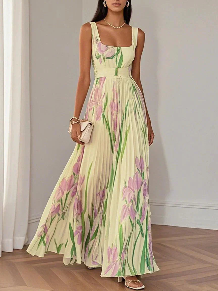 White Floral Pleated Chiffon Square-Neck Maxi Dress
