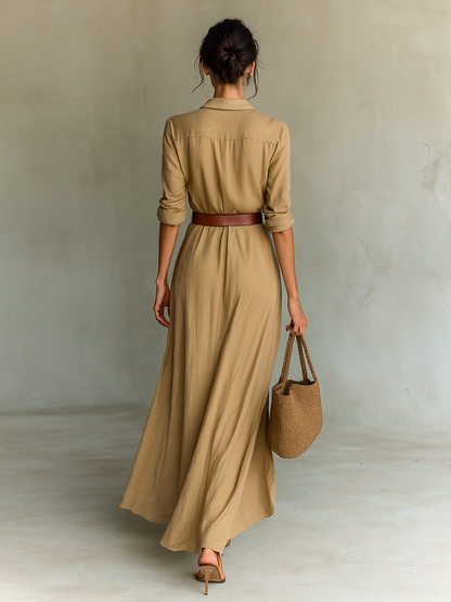 Cotton-Tencel Long-Sleeve Lapel Maxi Dress