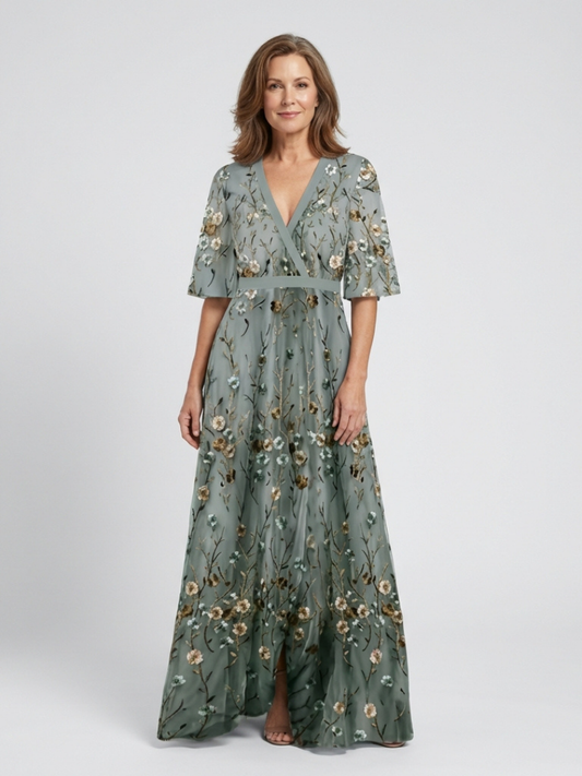 Lucia – Floral V-Neck Short Sleeve Maxi Dress