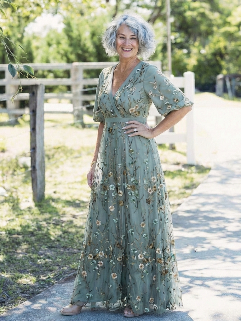 Lucia – Floral V-Neck Short Sleeve Maxi Dress