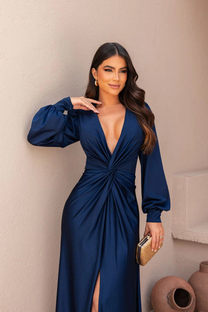 Nicoletta | Long-Sleeve Satin Dress