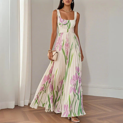 White Floral Pleated Chiffon Square-Neck Maxi Dress