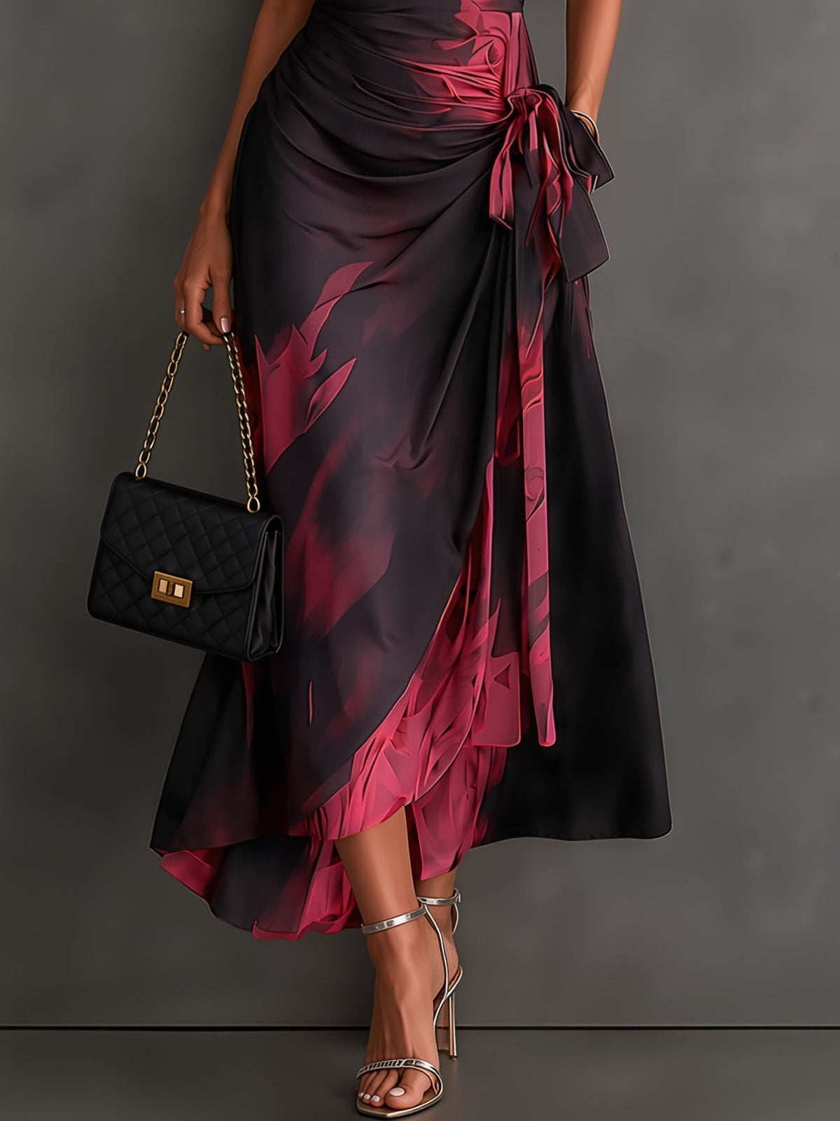 Red Black Abstract Print Wrap Midi Dress Collared V Neck Short Sleeve Tie Waist Ruffled High‑Low Hem Dress.