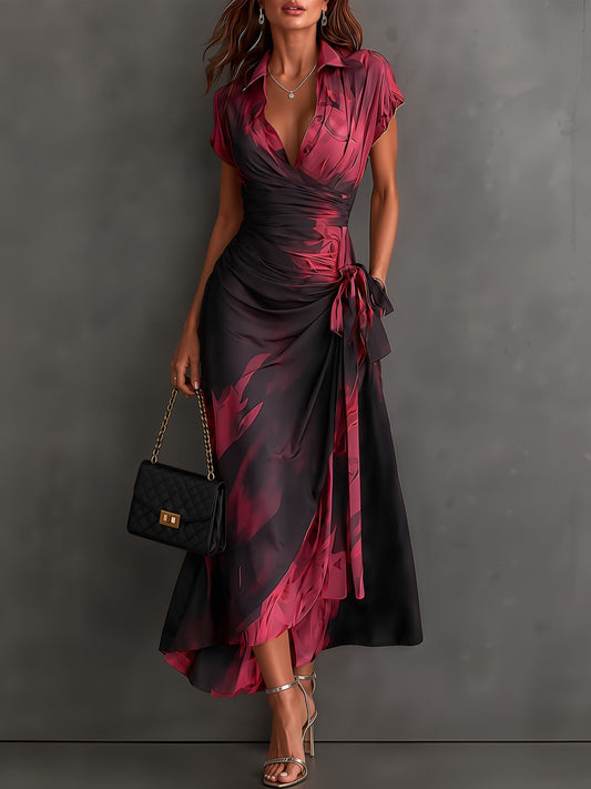 Red Black Abstract Print Wrap Midi Dress Collared V Neck Short Sleeve Tie Waist Ruffled High‑Low Hem Dress.