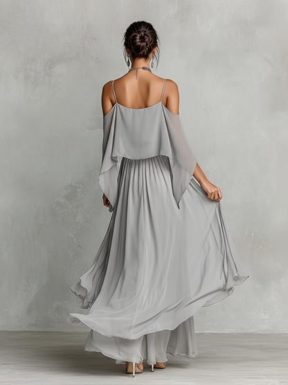 Grey Chiffon Off-Shoulder Flared Set